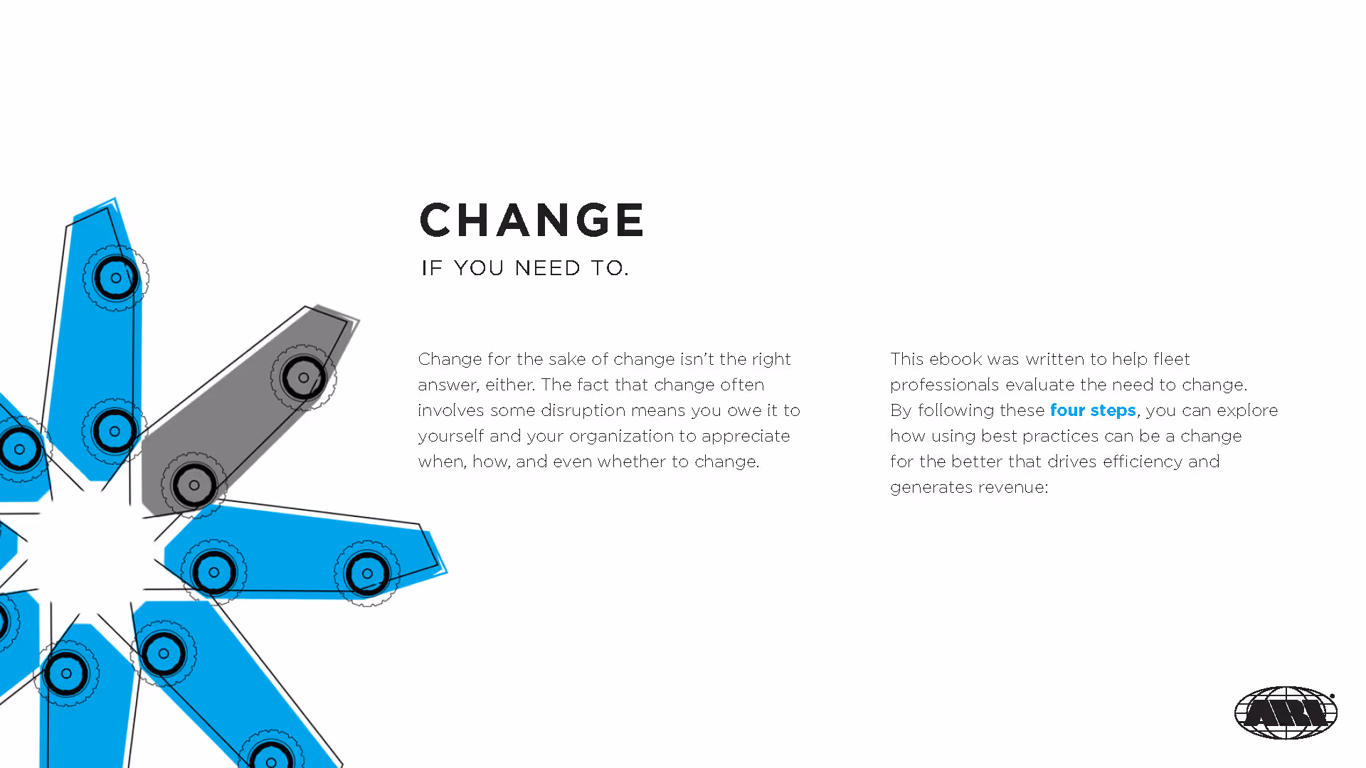 Graphic with blue and gray gear-like shapes on left and text about the importance of thoughtful change and four steps for fleet professionals on right.