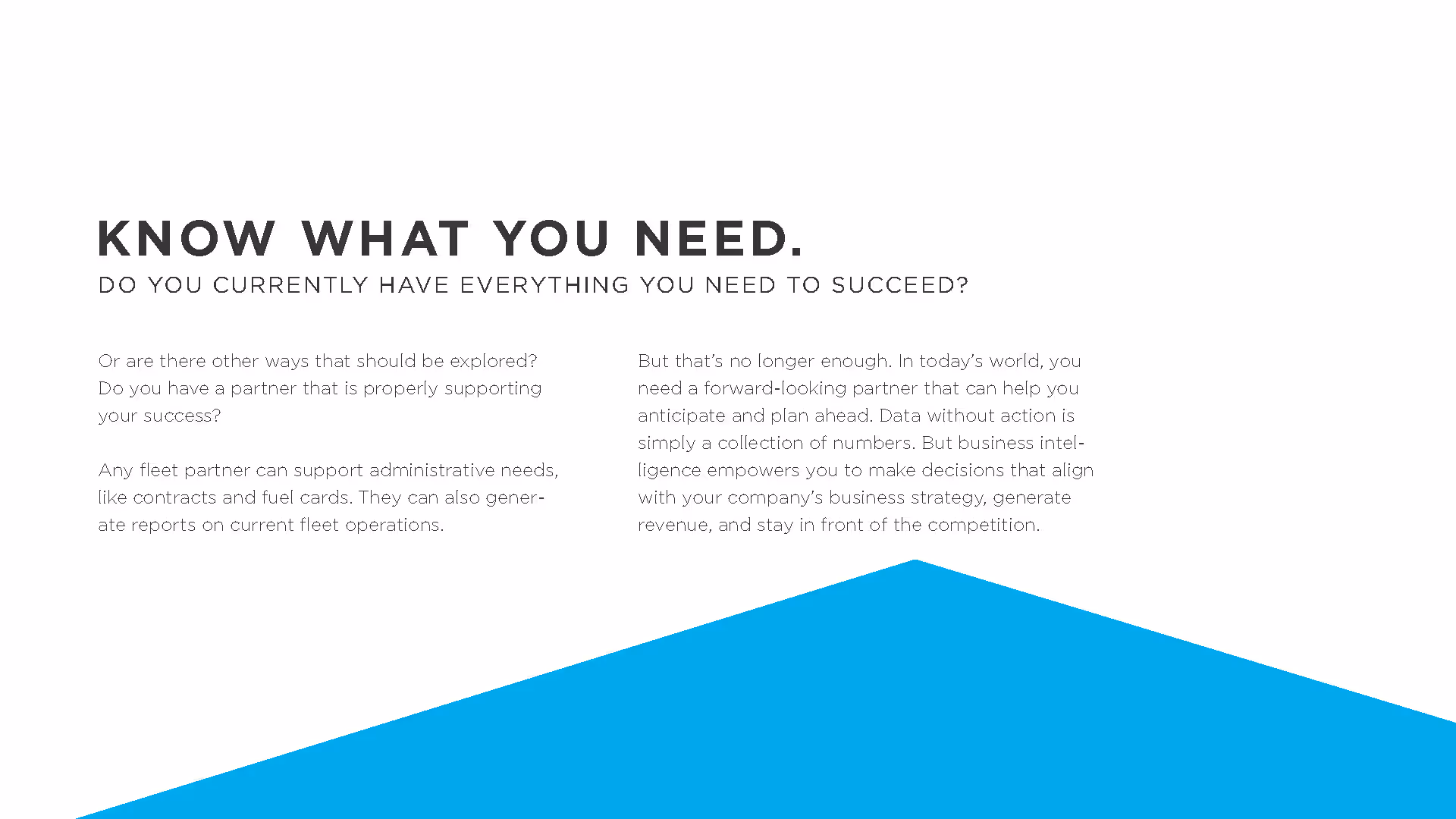 Text panel titled 'Know What You Need' discussing the importance of having a partner that supports success with business intelligence and fleet management.
