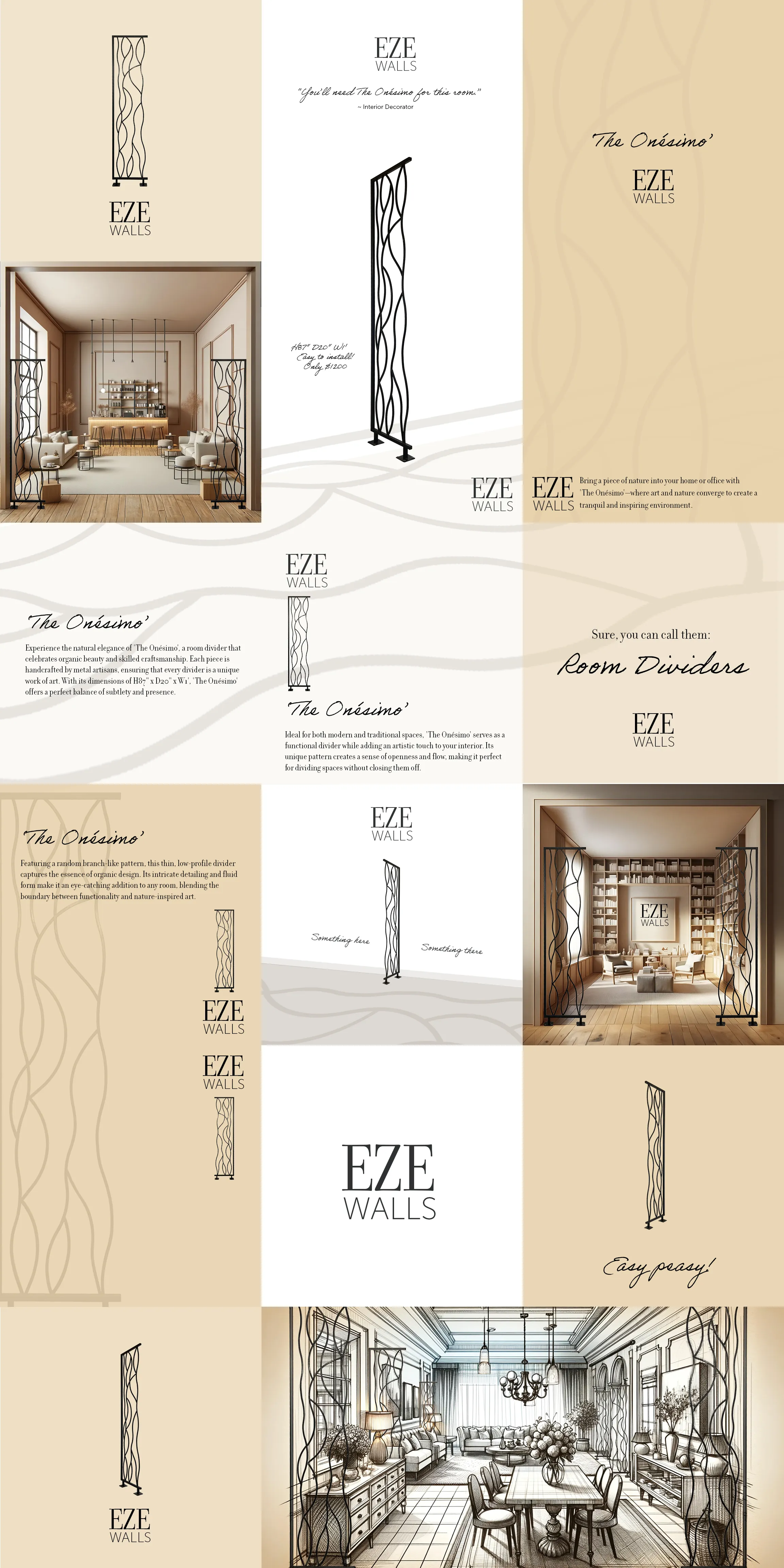 Collage showcasing EZE Walls' Onésimo room dividers with artistic, branch-like metal designs in various modern and traditional interiors.
