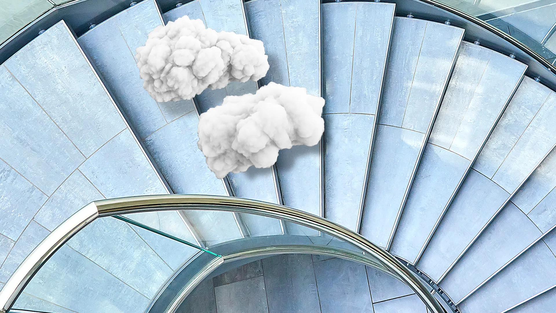 Top-down view of a curved glass and metal staircase with two digital white smoke clouds overlayed over the steps.