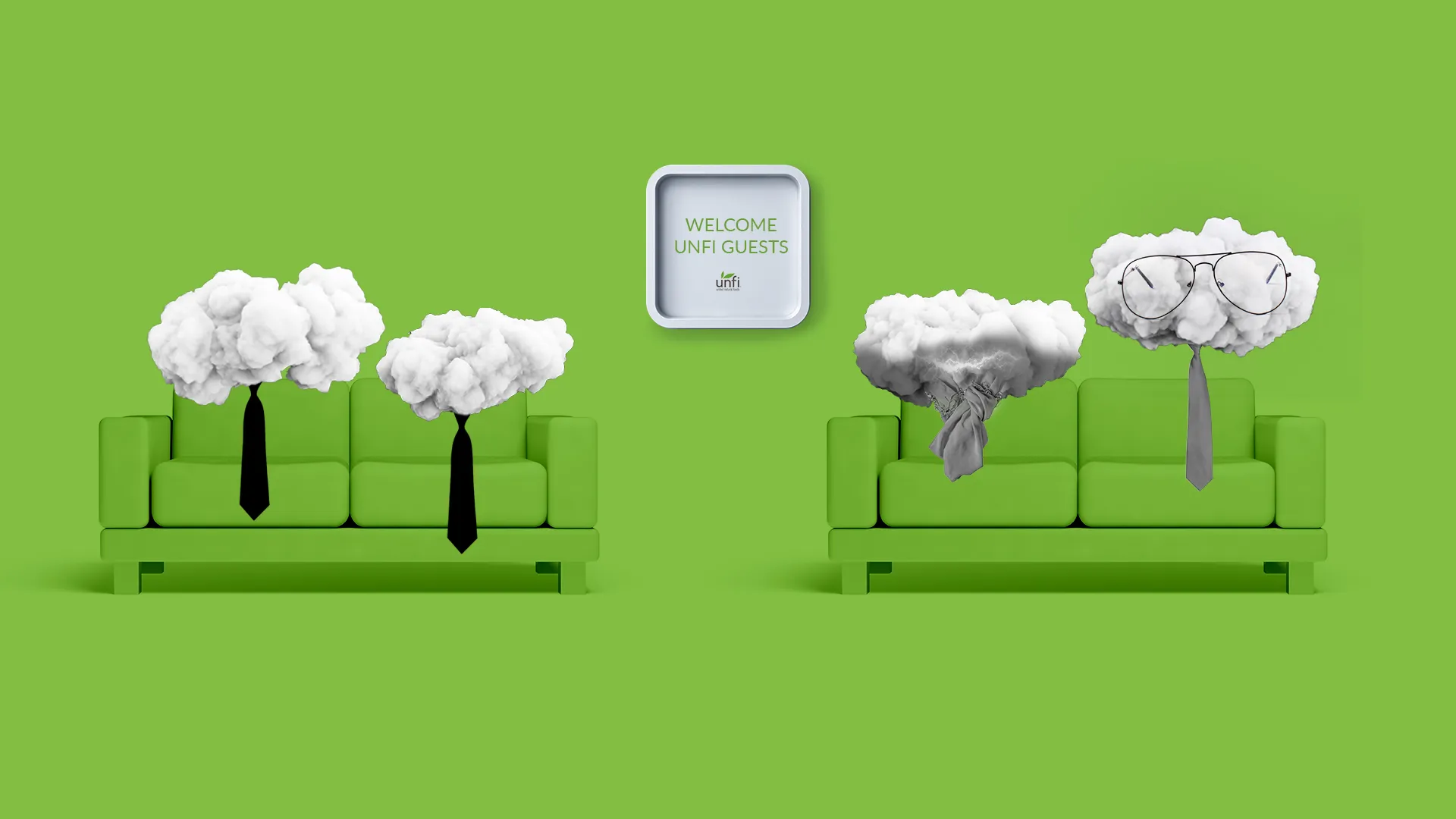 Two green sofas on a green background with four cloud-shaped heads wearing ties seated; a white square sign above reads 'Welcome UNFI Guests.'