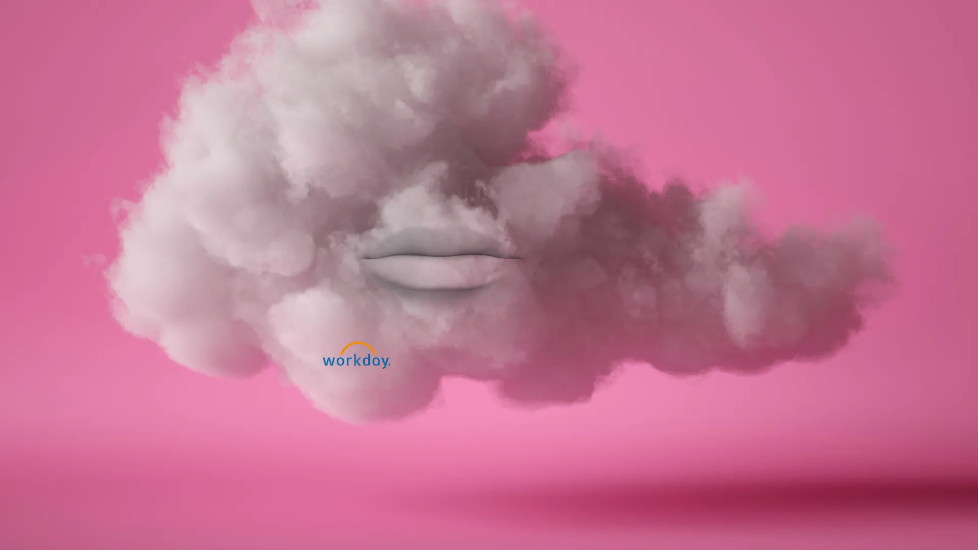 Gray cloud with human lips floating against a pink background, with a small Workday logo on the cloud.