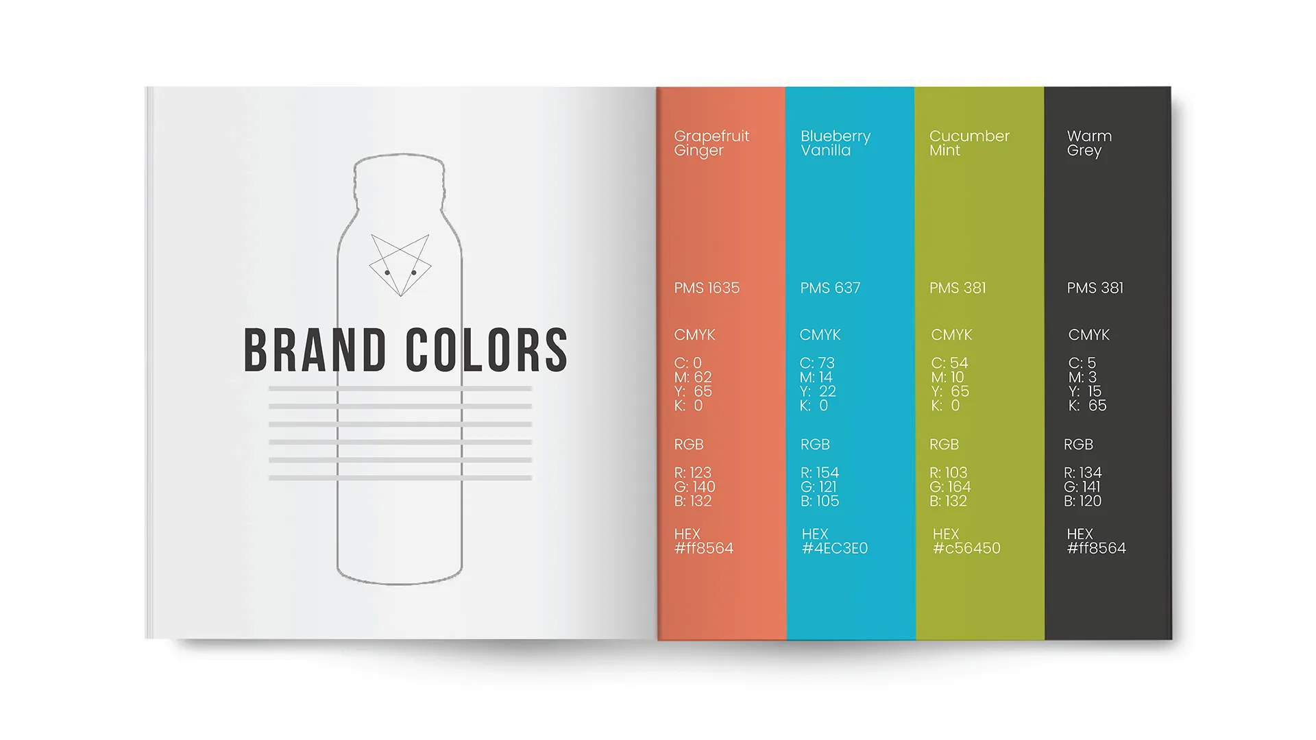 Open book showing brand colors with color swatches and their PMS, CMYK, RGB, and HEX values for Grapefruit Ginger, Blueberry Vanilla, Cucumber Mint, and Warm Grey.