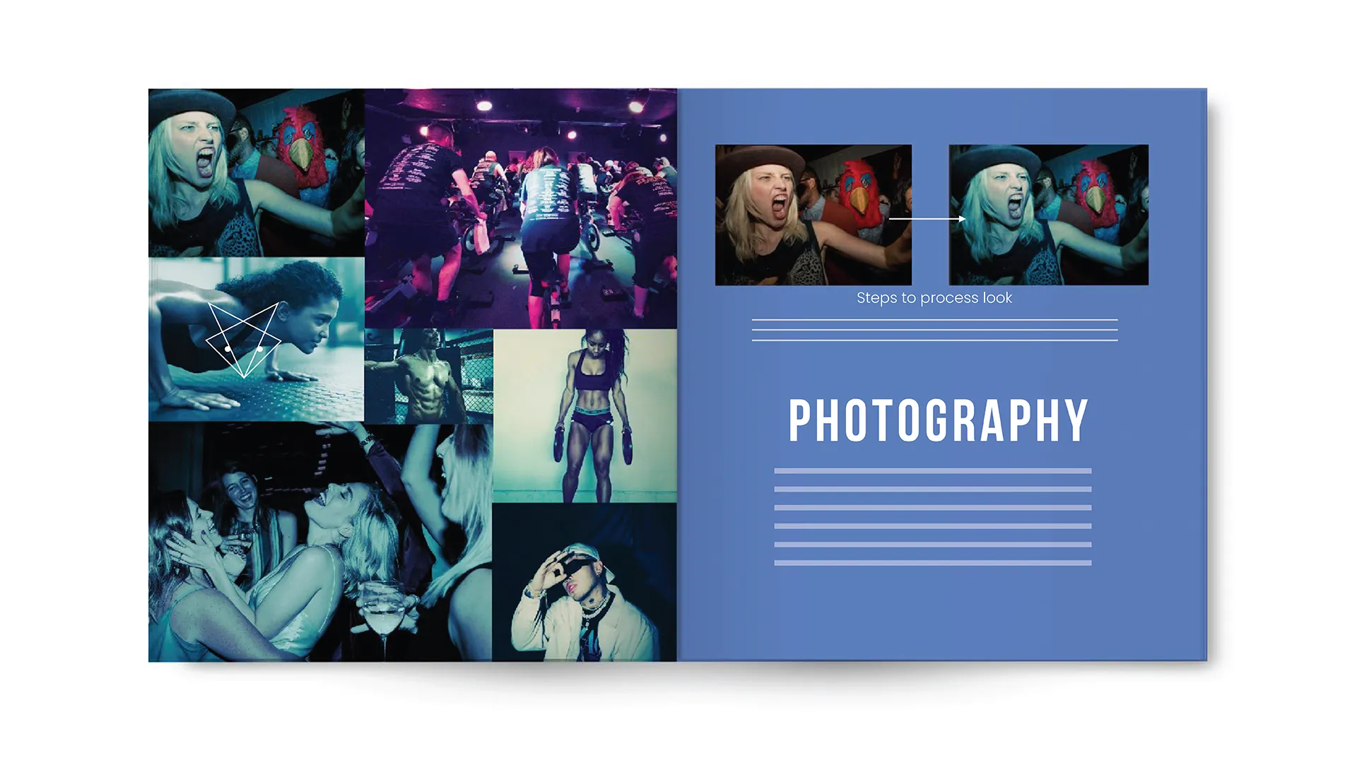 Collage of energetic photos including people at a concert, cycling class, working out, and partying; right page titled 'PHOTOGRAPHY' with example of face processing.