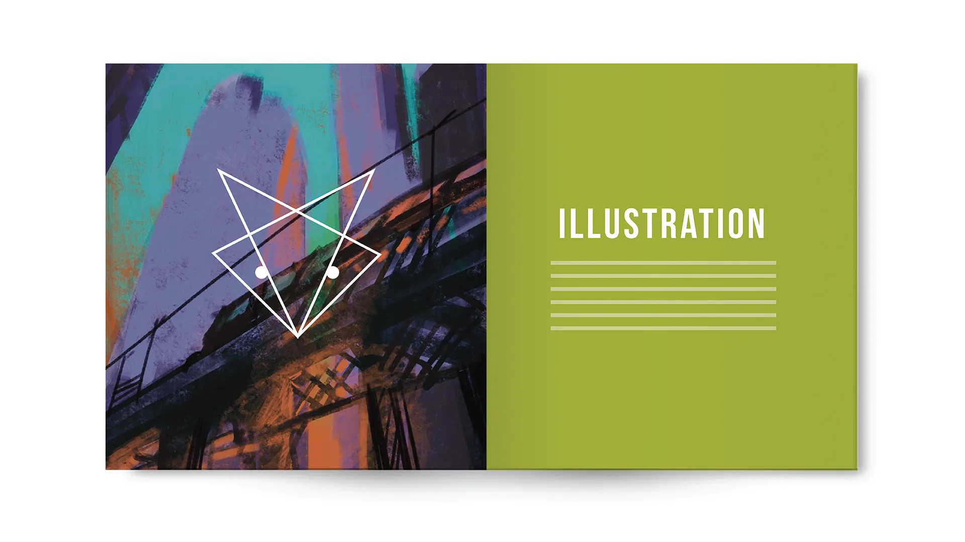 Abstract digital illustration of a fox's face in white lines on a colorful background with the word 'ILLUSTRATION' on a green panel.