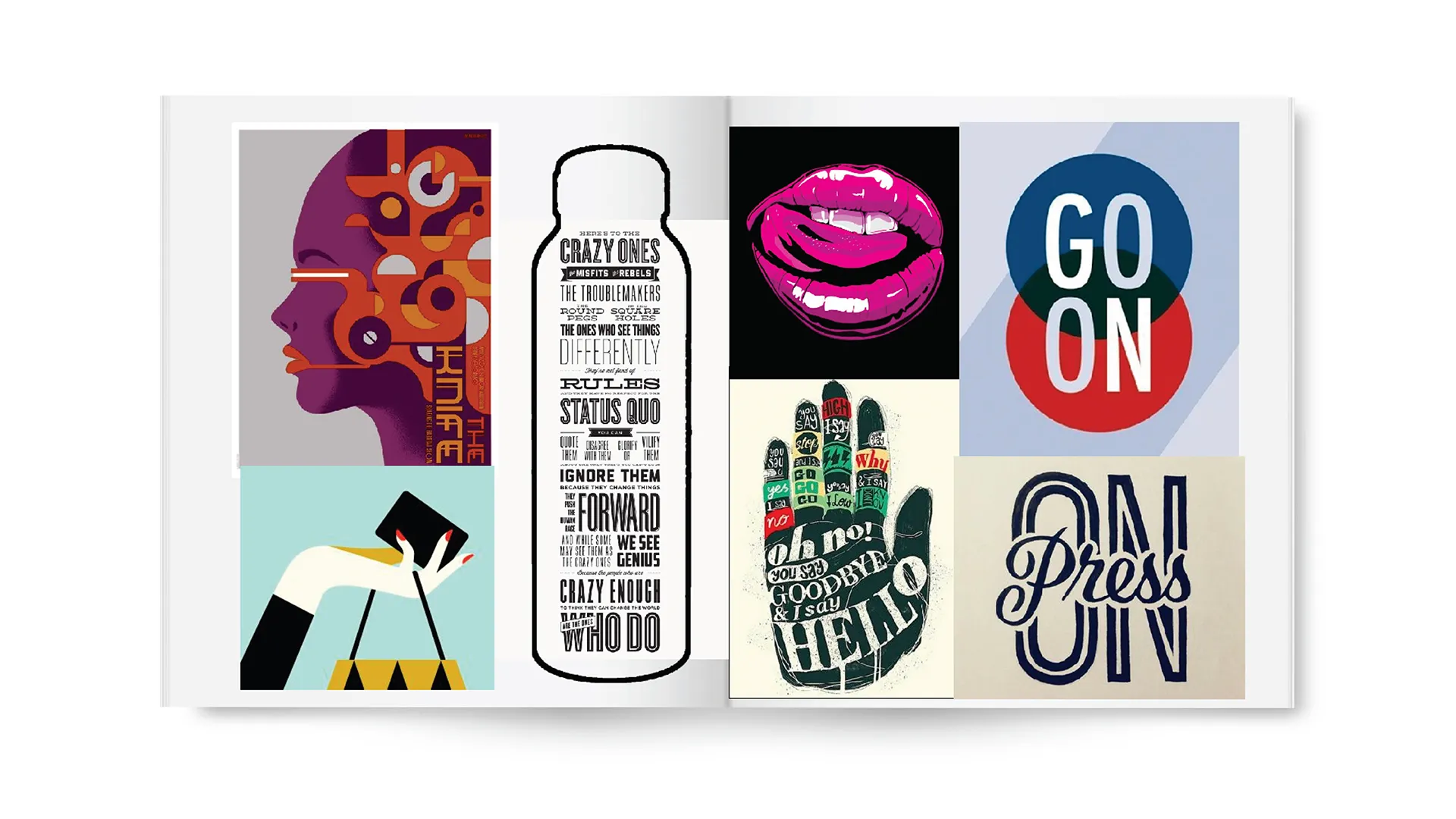 Open book with colorful graphic art pages, showing abstract head profile, hand with a purse, motivational text inside bottle shape, pink lips, illustrated palm with text, and 'GO ON' and 'Press ON' typography.