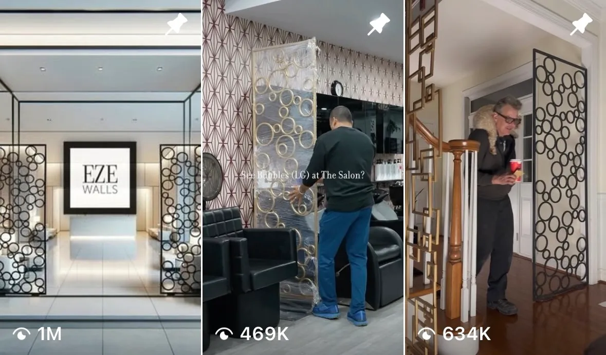 Three images showing decorative panels with circular patterns: a modern showroom entrance with EZE Walls signage, a man handling a panel in a salon, and an elderly man with a cat on his shoulder standing beside a panel in a home entryway.