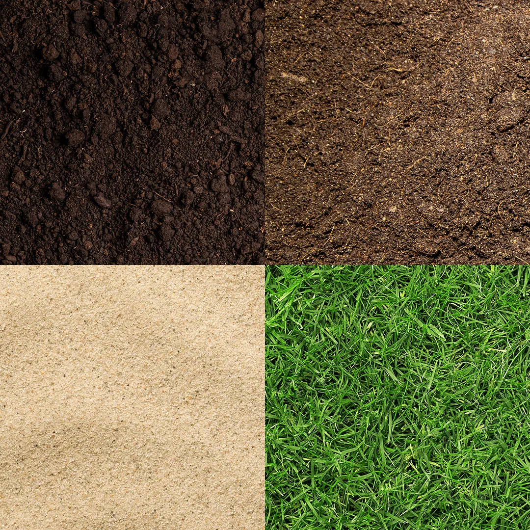 Four quadrants showing different ground textures from top left clockwise: dark soil, dry soil, green grass, and light beige sand.