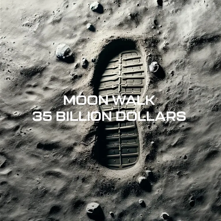 Footprint impression on the moon surface with text 'Moon Walk 35 Billion Dollars' overlaid.