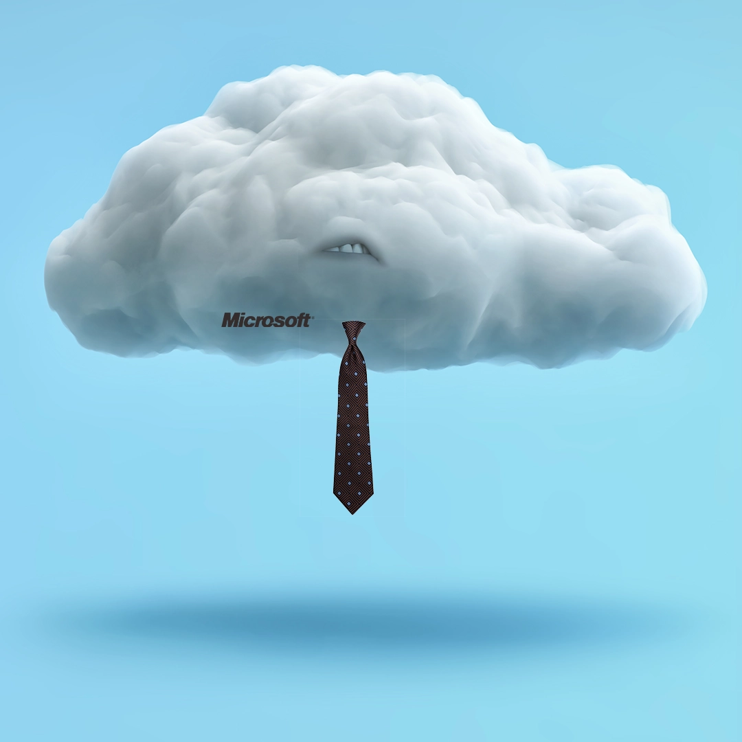 A fluffy white cloud with a face and a patterned necktie, with the word 'Microsoft' on the side, set against a blue sky background.